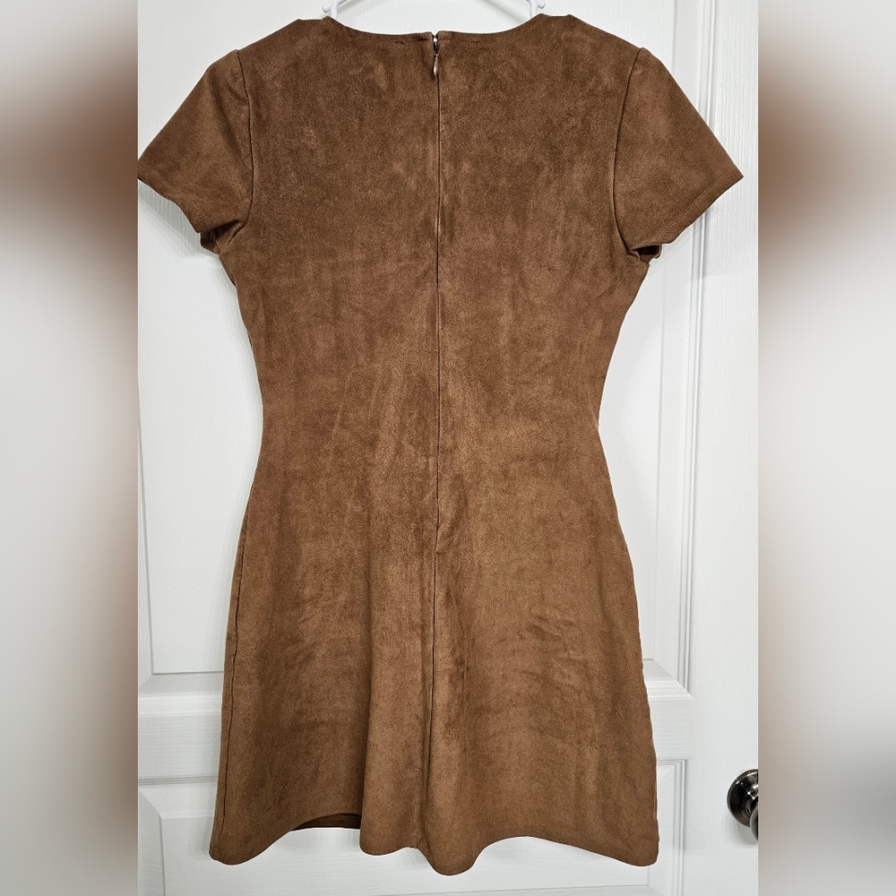 Express size 2 camel brown suede cross laced v neck lined zip up mini dress - Picture 7 of 7